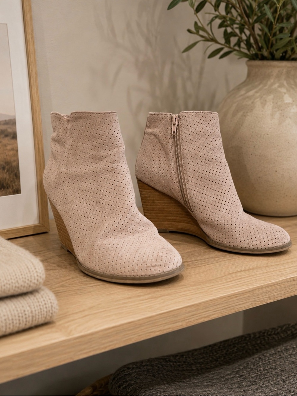 Nordstrom Rack Blush Perforated Suede Wedge Ankle Boots